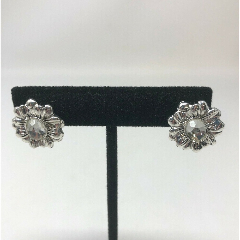 Avon Earrings Silvertone Antiqued Floral April Birthstone Diamond Color PushBack